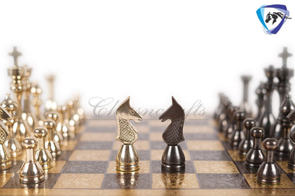 14" Solid Brass Metal Chess set- Apple bottom chess men Carved with velvet storage box - Vintage antique set- Brass Chess board set.