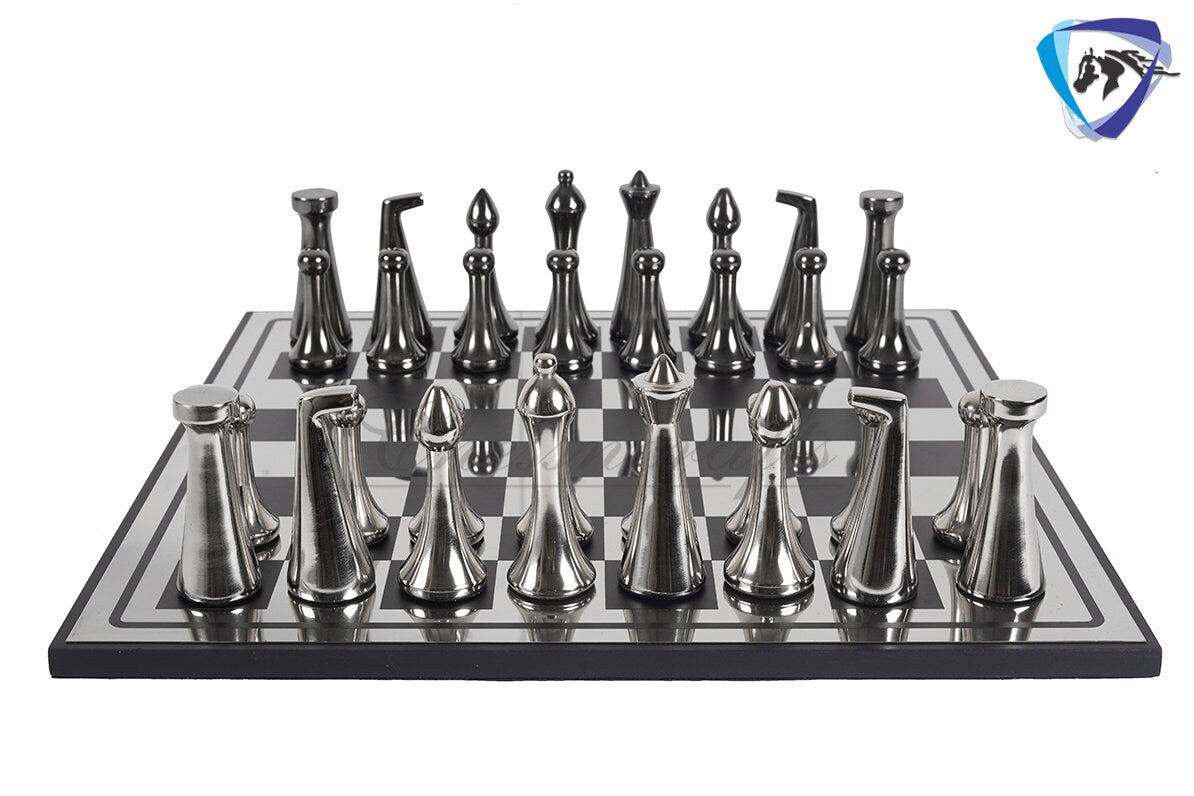16" Metal chess Board set Reproduced Hermann Ohme Metal chess Set Unique modern design Black-silver Glossy Polish MODERN HOME DECOR Chess