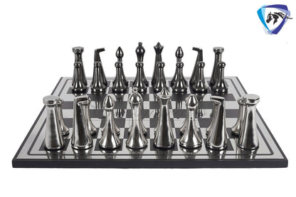 16" Metal chess Board set Reproduced Hermann Ohme Metal chess Set Unique modern design Black-silver Glossy Polish MODERN HOME DECOR Chess