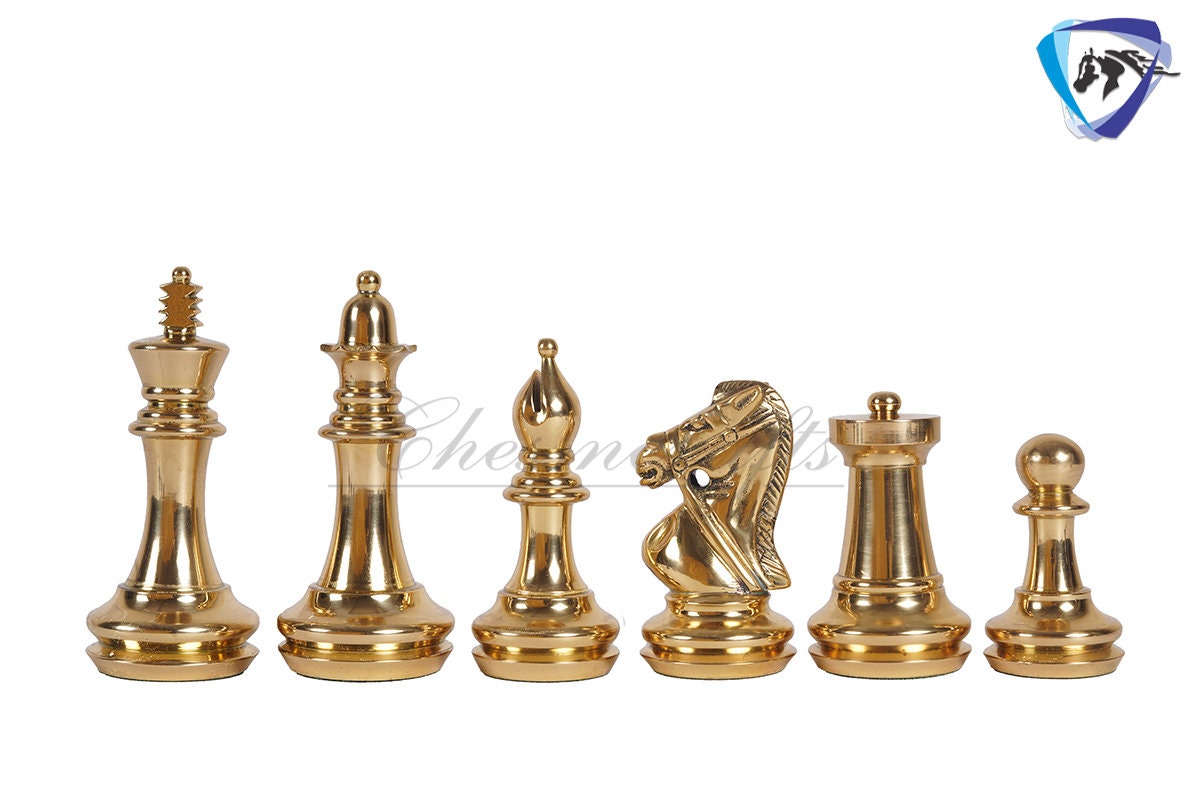 4" Brass Staunton chess pieces set BRIDLED Knight Gold & Black + 19" Ebonywood chess Board(sq:51mm)