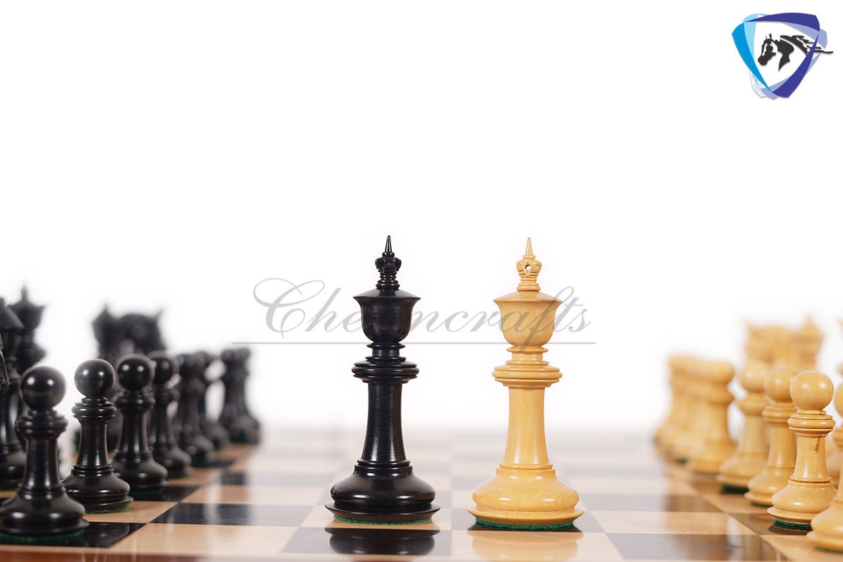 4.5" Staunton Ebonywood Chess Pieces Set "BLACKBURNE" Joseph Henry Triple Weighted 2 Extra queens + 21" Ebonywood Chess Board + Storage Box