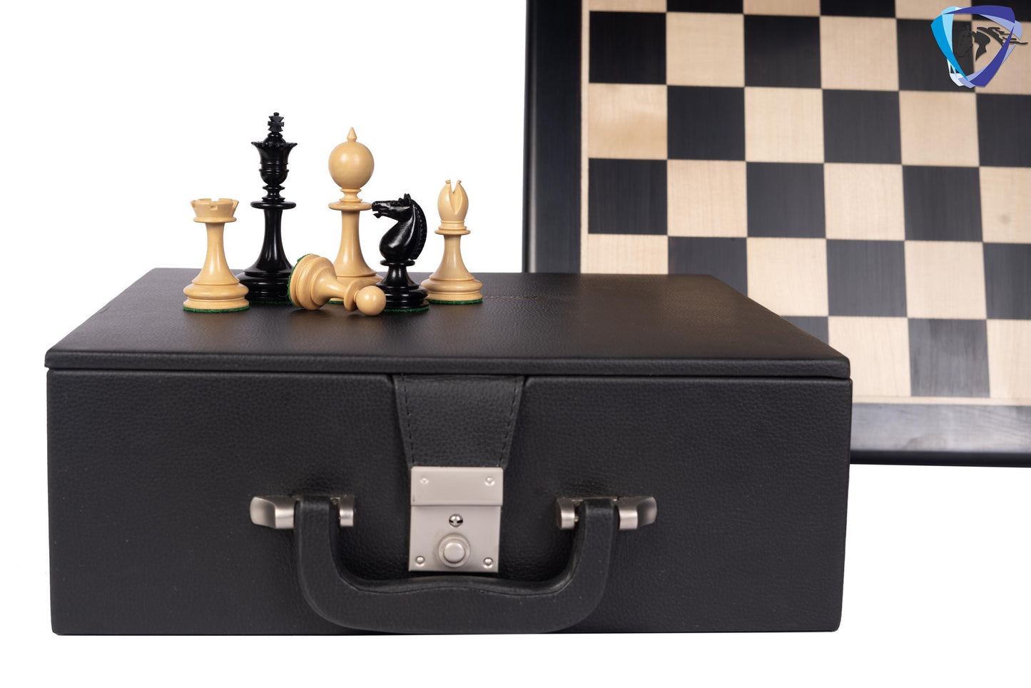 3.5" William Hallett 1860 London Reproduced Chess Pieces Set in Ebony Wood + 19" Ebonywood chess board(51mm sq) + Leatheret Storage box