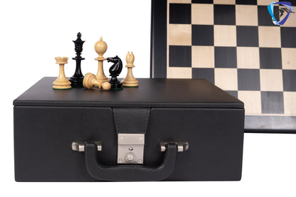 3.5" William Hallett 1860 London Reproduced Chess Pieces Set in Ebony Wood + 19" Ebonywood chess board(51mm sq) + Leatheret Storage box