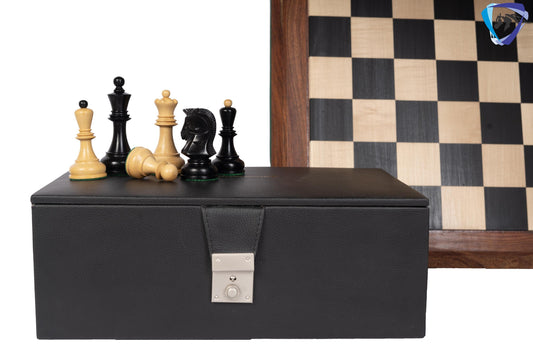 1950 Fischer Dubrovnik Ebonized boxwood chess pieces set King-3.8" + 21" Ebonywood chess board(SQ:55MM) + Leather Storage box-Luxury