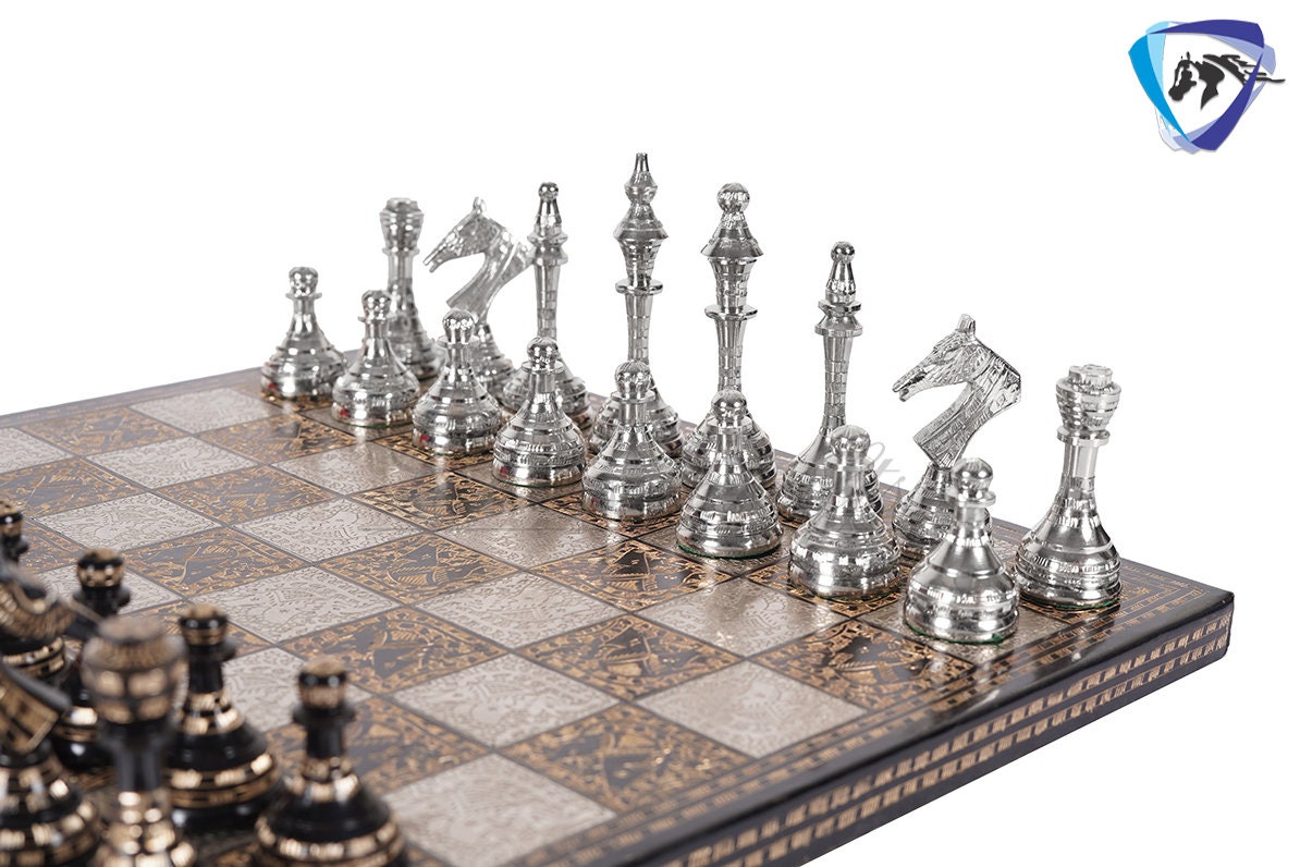 14" Brass Metal Chess Board set Modern Classic Handmade Soviet chess pieces with storage box - Vintage Chess for Gifting