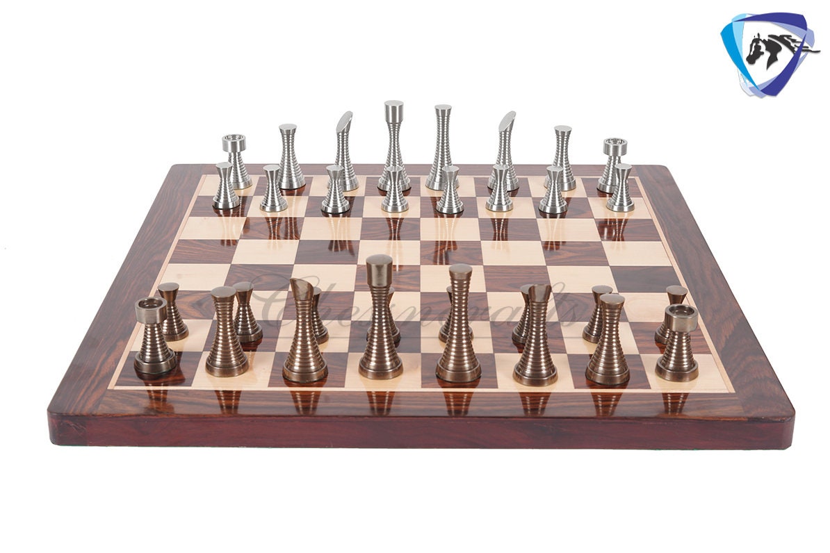 19" Rosewood Chess Board set with 3.5" Solid Brass Chess pieces set RING STEEL SLEEK Silver & Antique Polish Minimalist Chess Board set.