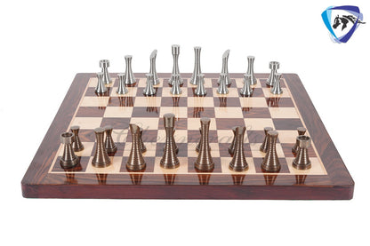 19" Rosewood Chess Board set with 3.5" Solid Brass Chess pieces set RING STEEL SLEEK Silver & Antique Polish Minimalist Chess Board set.