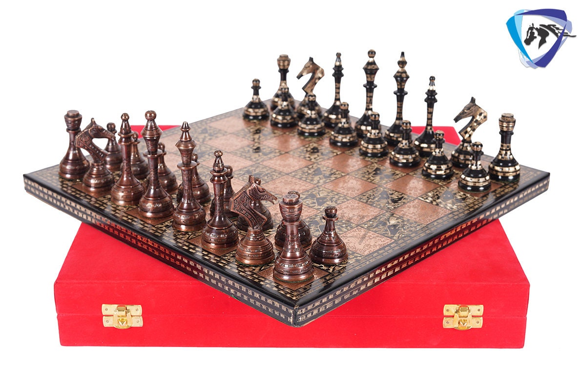 14" Brass Metal Chess Board set Modern Classic Handmade Soviet chess pieces with storage box - Vintage Chess for Gifting