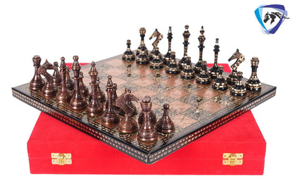 14" Brass Metal Chess Board set Modern Classic Handmade Soviet chess pieces with storage box - Vintage Chess for Gifting