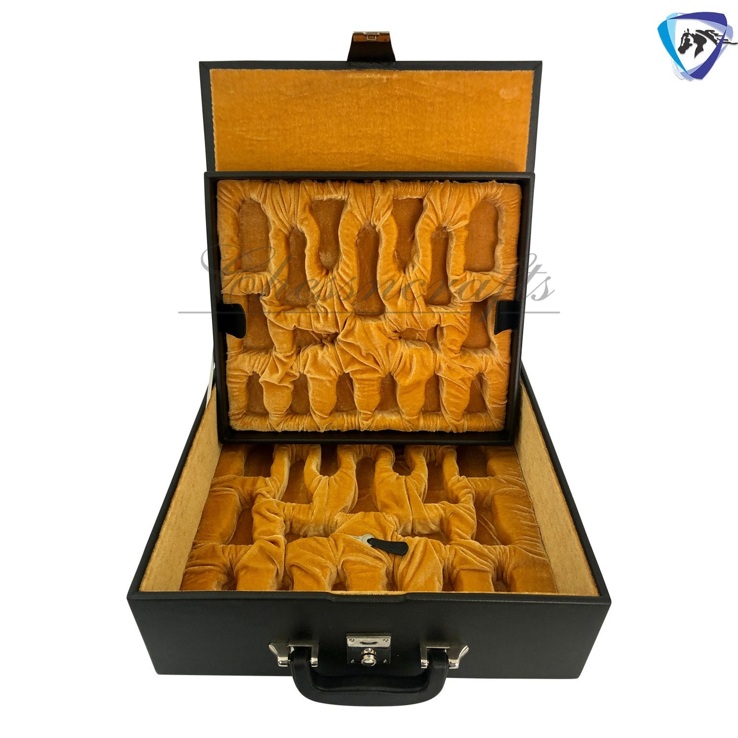 Leatherette Coffer Storage box for Chess Pieces of king Height: 4.0" to 4.5"- 2 Trays, Velvet lining & Lock w/ handle.