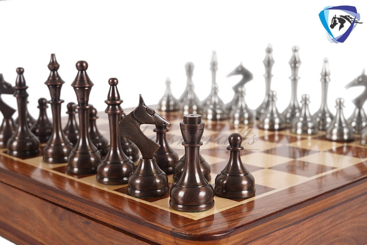 16" Brass Chess Board Set MODERN CLASSIC Chess Pieces Copper-Silver and Rosewood  Chess board with Storage drawer- Chess Gift- Gift for Him