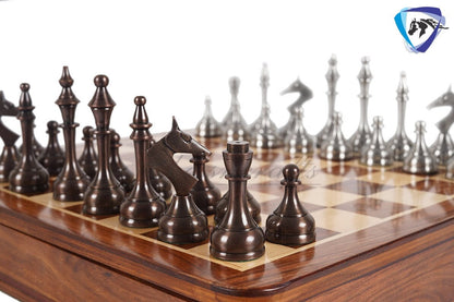 16" Brass Chess Board Set MODERN CLASSIC Chess Pieces Copper-Silver and Rosewood  Chess board with Storage drawer- Chess Gift- Gift for Him