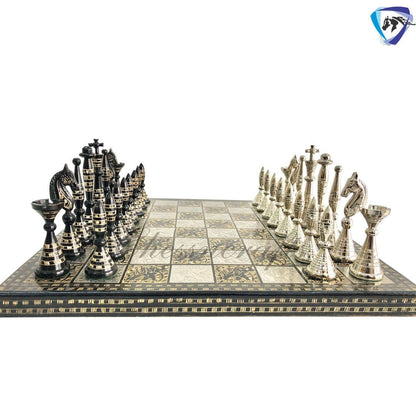 12" Solid Brass Metal Hand carved Chess set- Minar (Tower) chess men Carving with velvet storage box - Vintage Collector antique series