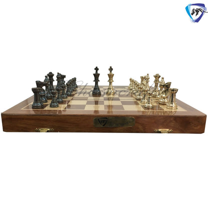 Staunton Brass Chess Pieces Set and 14" Folding Rosewood chess board with storage. Metal chess set handmade Chess for Gift, Birthday gift.