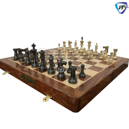 Staunton Brass Chess Pieces Set and 14" Folding Rosewood chess board with storage. Metal chess set handmade Chess for Gift, Birthday gift.