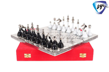 14" Brass Chess Board set- Modern Classic Hand carved- Soviet BLACK & WHITE EDITION chess pieces in velvet storage box - Chess Gift for Him