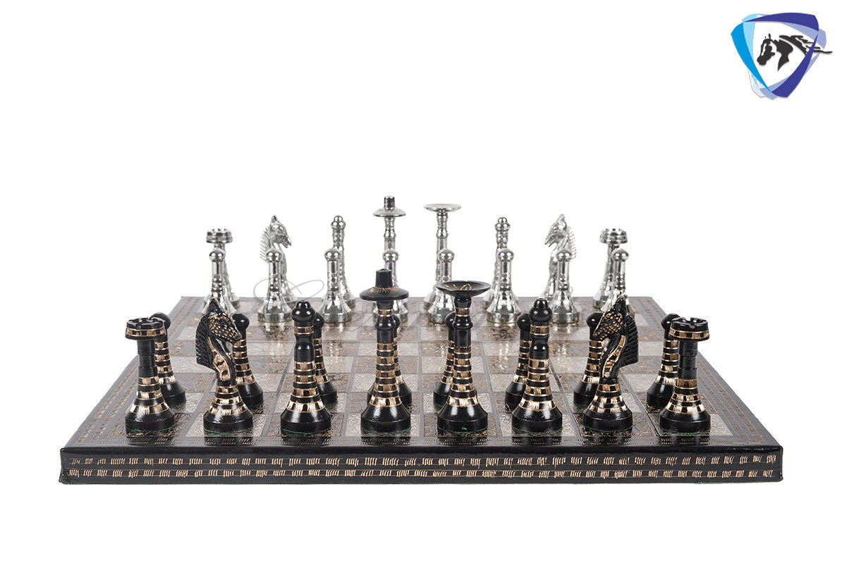 14" Solid Brass Metal Classic HUNGARIAN Hand carved Chess set- Slim chess men Carving with velvet storage box - Brass chess board set