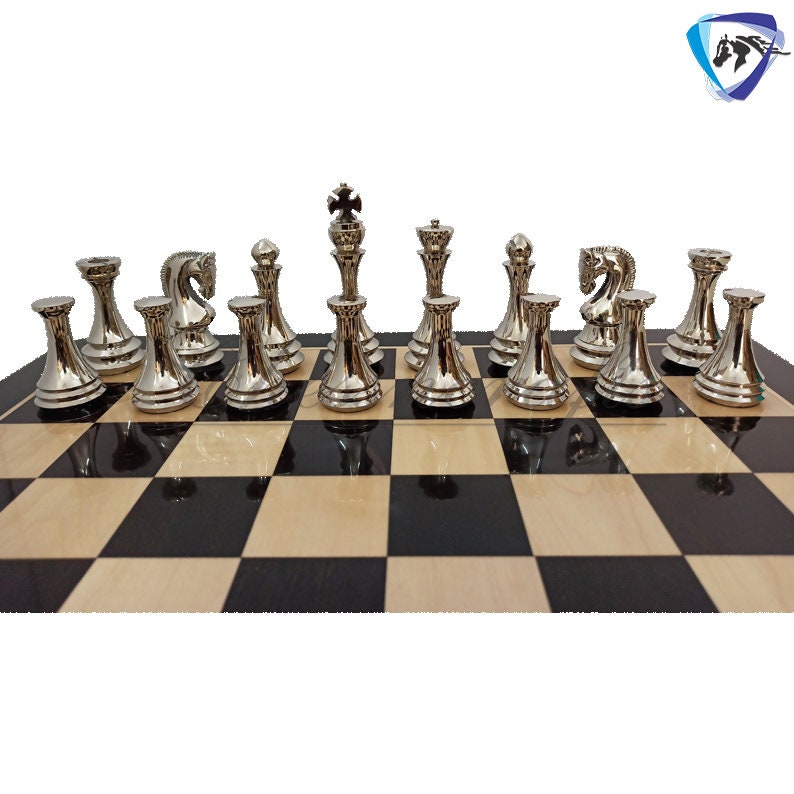 4.4" Brass Metal Russian Zagreb chess pieces set Reproduction Antique & Silver polish / 21" Ebonywood Chess Board Combo- Chess Gift.