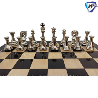 4.4" Brass Metal Russian Zagreb chess pieces set Reproduction Antique & Silver polish / 21" Ebonywood Chess Board Combo- Chess Gift.