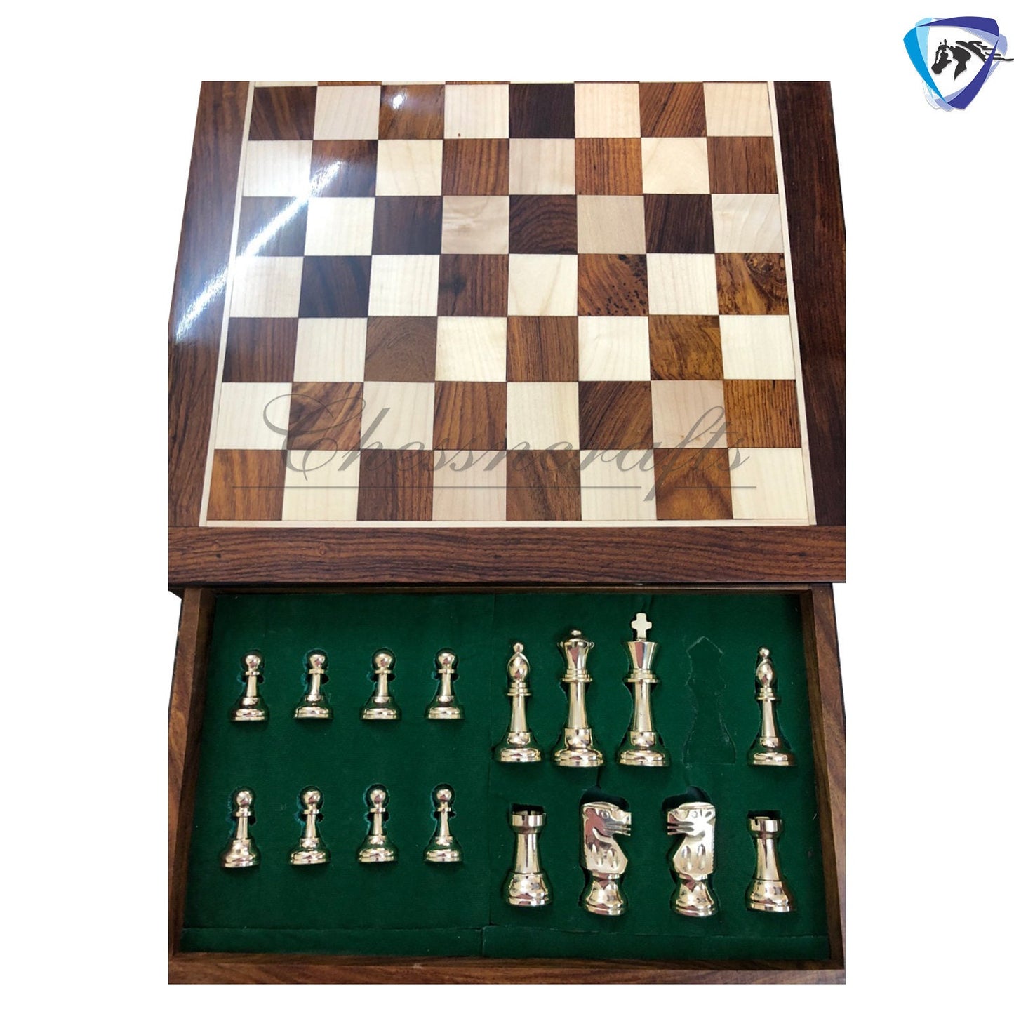 Brass Metal Staunton chess set & Rosewood chess board with storage 16"x16"- Glossy gold black chess men