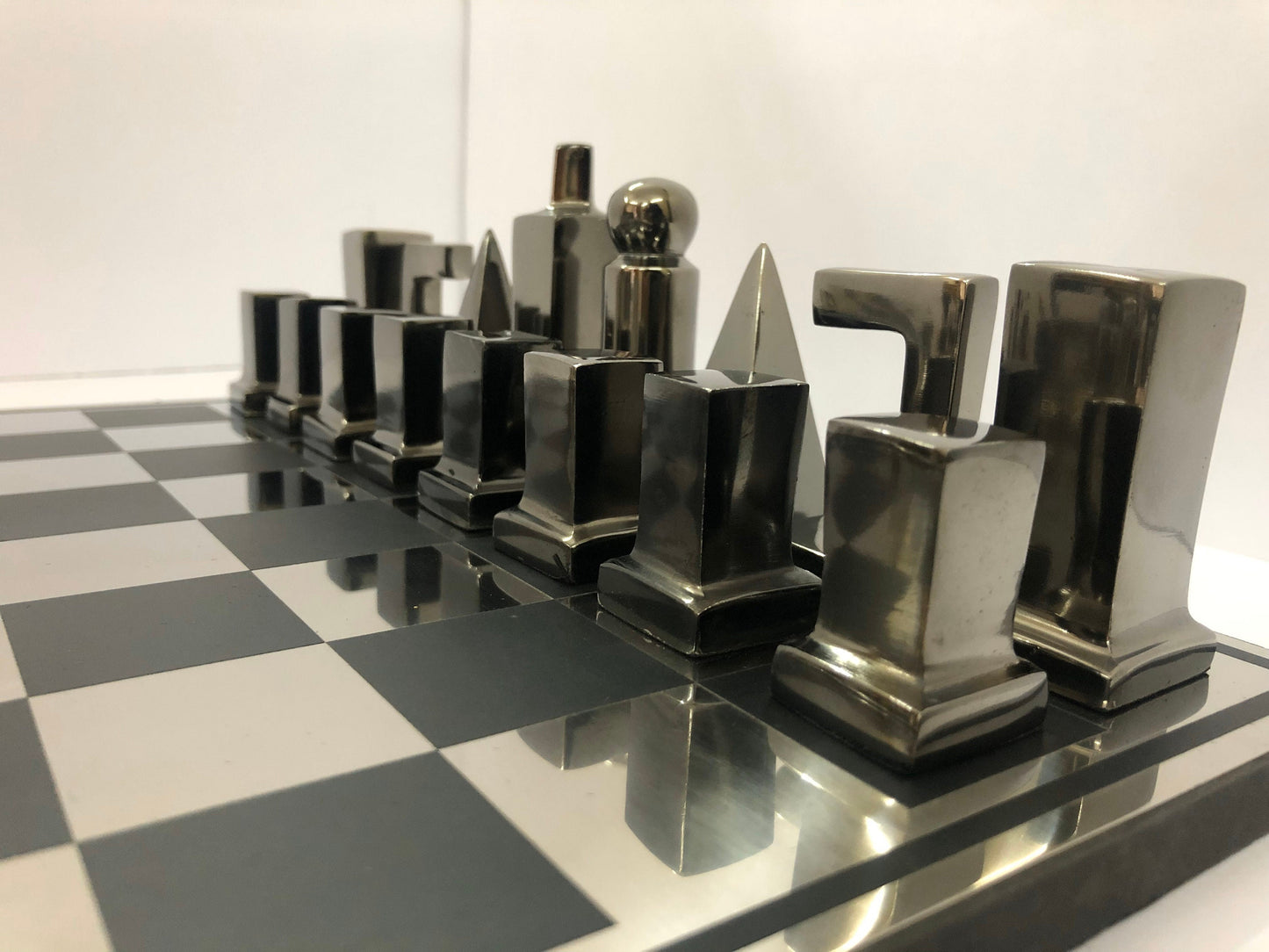 14" Metal chess Board Set- BAUHAUS INSPIRED Unique design-Black & Silver/Gold Metal Chess pieces-Chess gift- Luxury Metal chess Set