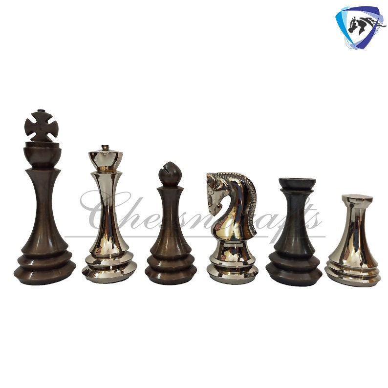 4.4" Brass Metal Russian Zagreb chess pieces set Reproduction Antique & Silver polish / 21" Ebonywood Chess Board Combo- Chess Gift.