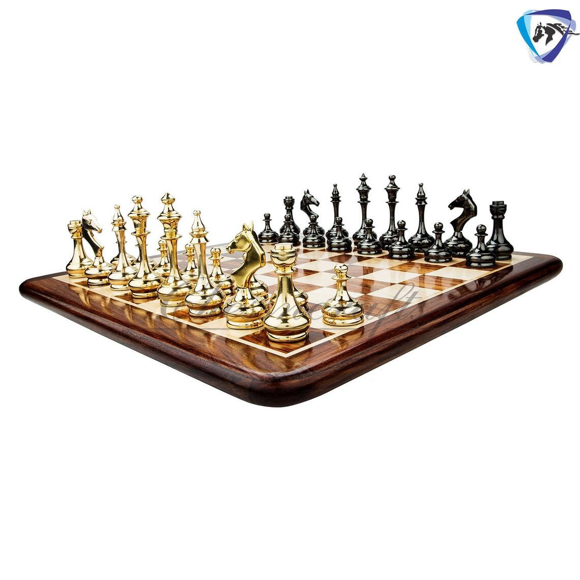 14" Brass Metal Chess Board set Modern Classic Handmade Soviet chess pieces with storage box - Vintage Chess for Gifting