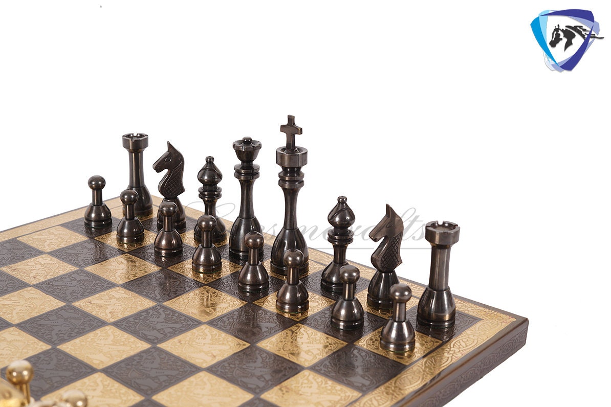 14" Solid Brass Metal Chess set- Apple bottom chess men Carved with velvet storage box - Vintage antique set- Brass Chess board set.