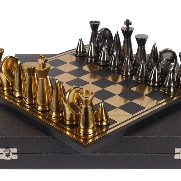 14" ART DECO Metal Chess Board Set designer King