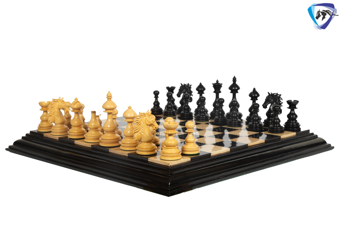 4.5" Staunton Ebony wood Chess pieces Set- WILD STALLION + 21" Ebony wood Chess Board STEPS border  + Leatherette storage Box.