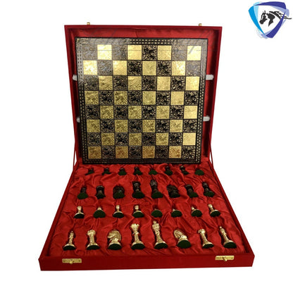 14" & 12" Brass Metal Chess Board Game Set Hand Carved With Brass chess pieces - Chess Board Set With Box-Velvet(Gold - Black)