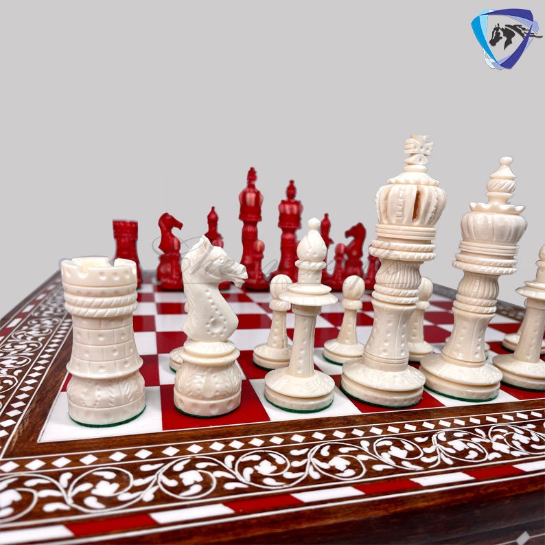 Combo of 16" INLAY ART WORK Wooden folding chess board and 4" Camel Bone Chess pieces Set Red & White