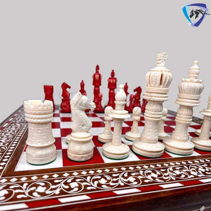 Combo of 16" INLAY ART WORK Wooden folding chess board and 4" Camel Bone Chess pieces Set Red & White