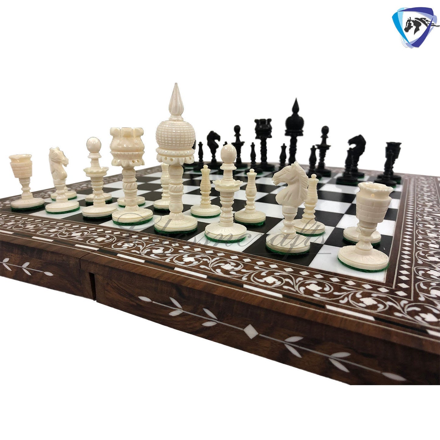 3.5" Camel bone chess set Dome hand carved chess pieces with Inlaid art work designer foldable Chess Board Set 14 Inches
