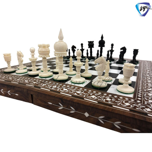 3.5" Camel bone chess set Dome hand carved chess pieces with Inlaid art work designer foldable Chess Board Set 14 Inches