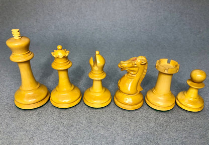 1854 Reproduction Walter Grimshaw Circa 3.5" Staunton Chess Pieces Set in Antiqued Boxwood & Ebony wood- Weighted Extra queens + Storage.