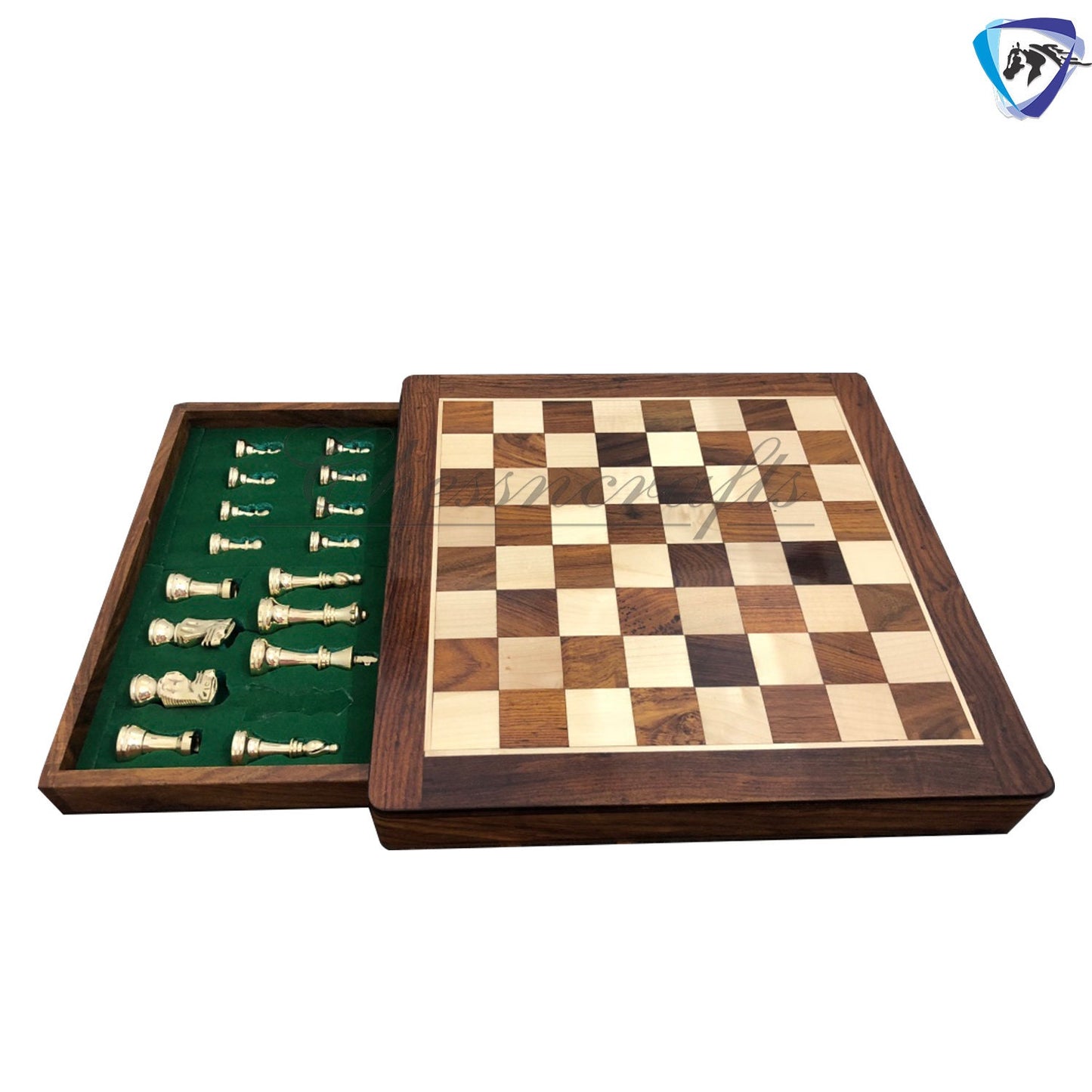 Brass Metal Staunton chess set & Rosewood chess board with storage 16"x16"- Glossy gold black chess men