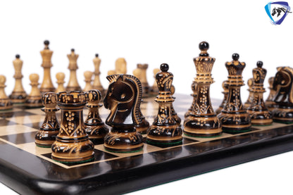 1950 Fischer Dubrovnik Burnt & Carved boxwood chess pieces set King-3.8" + 21" Ebonywood chess board(SQ:55MM) + Leather Storage box-Luxury