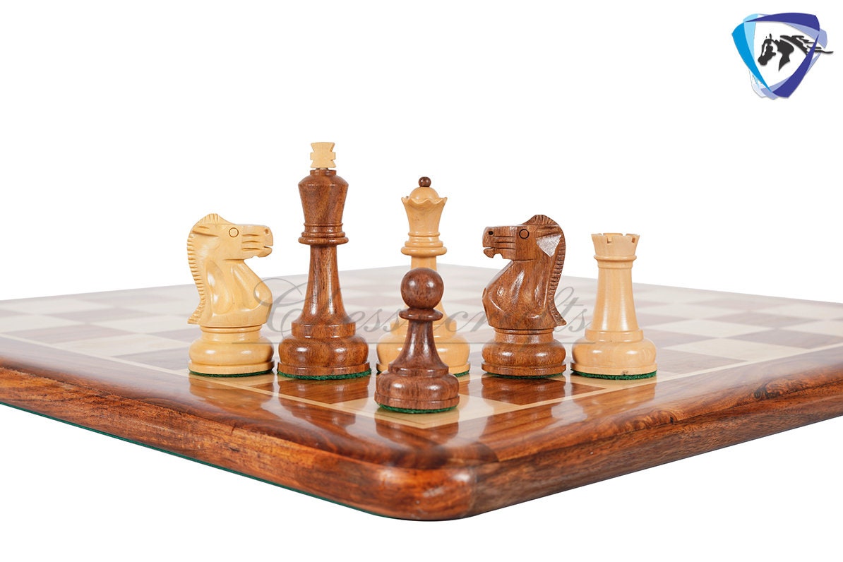 COMBO 3.75" Chess Pieces Set Soviet Grandmaster Supreme  Golden Rosewood & Boxwood + 19"(51mm) Golden Rosewood Chess Board - Chess Board Set