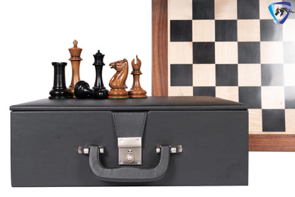 1849 Reproduced Morphy Cooke Chess Pieces Set 4.4" Antiqued Distressed & Ebony wood + 21" Ebony wood chess board(55mm) + Leather Storage box