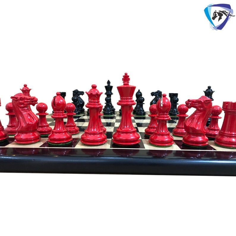 COMBO of 4" Club Staunton Chess Pieces Set Red Black Painted Boxwood Weighted 4Q + 21" Ebonywood Chess Board SQ: 55mm(2.2")