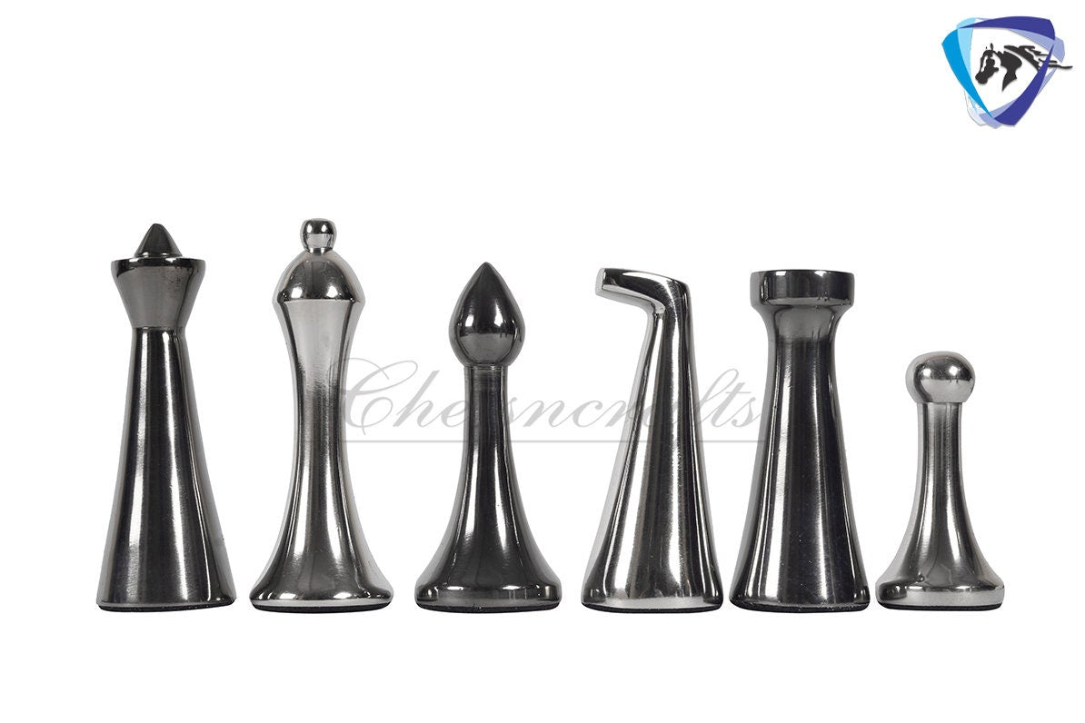 16" Metal chess Board set Reproduced Hermann Ohme Metal chess Set Unique modern design Black-silver Glossy Polish MODERN HOME DECOR Chess