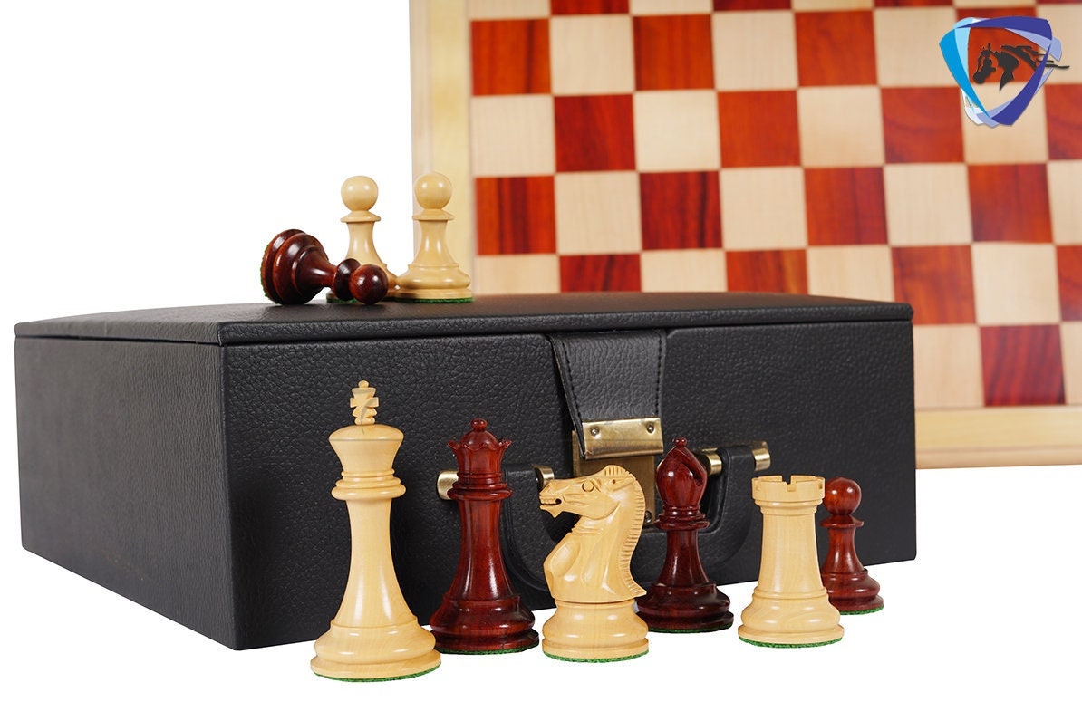 4" Staunton Bud Rosewood Chess pieces Set-English Tournament-Weighted-2 Extra queens- 21" Bud Rosewood Chess Board + Leather Storage Box