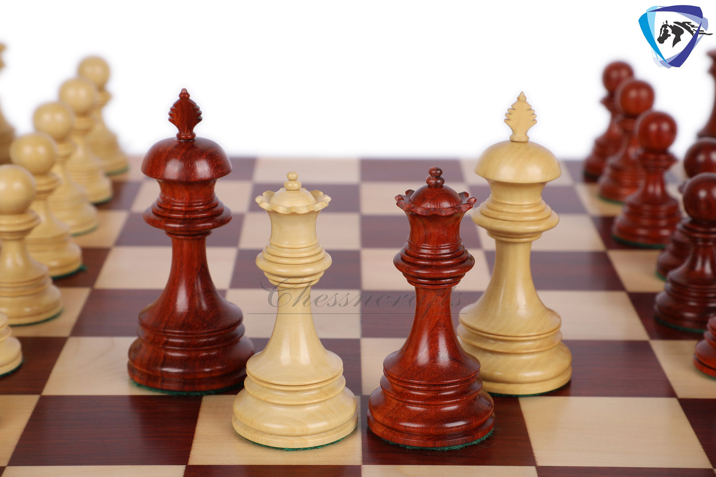 Wooden Staunton Chess Set-King: 4.5" Bud Rose wood -BRIDLED  + 21" Bud Rose wood Chess board STEP BORDER with Storage Box.