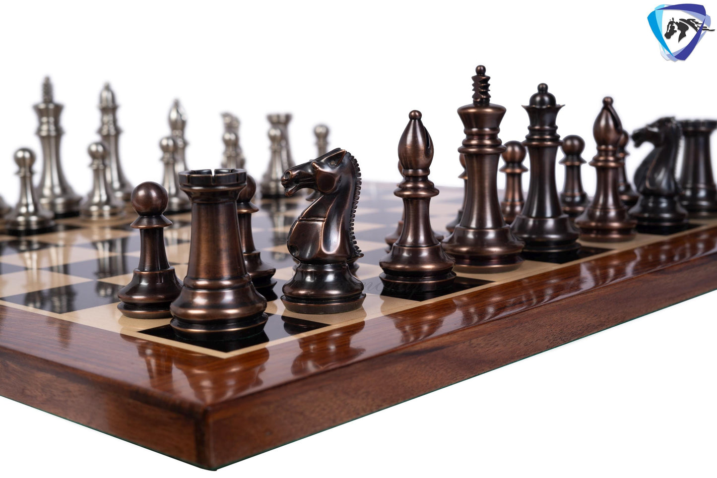 1849 Brass Staunton chess pieces set King: 4" MATTE STEEL-ANTQIUE finish+ 21" Ebonywood chess board(55mm) + Leather Storage box
