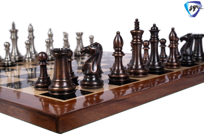1849 Brass Staunton chess pieces set King: 4" MATTE STEEL-ANTQIUE finish+ 21" Ebonywood chess board(55mm) + Leather Storage box