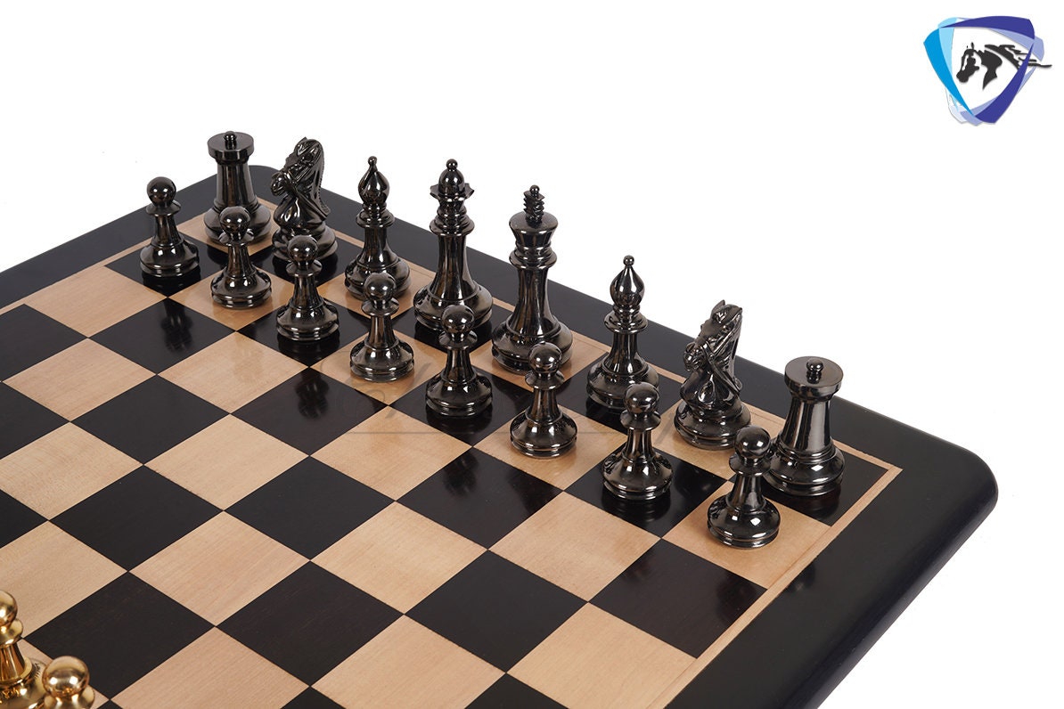 4" Brass Staunton chess pieces set BRIDLED Knight Gold & Black + 19" Ebonywood chess Board(sq:51mm)