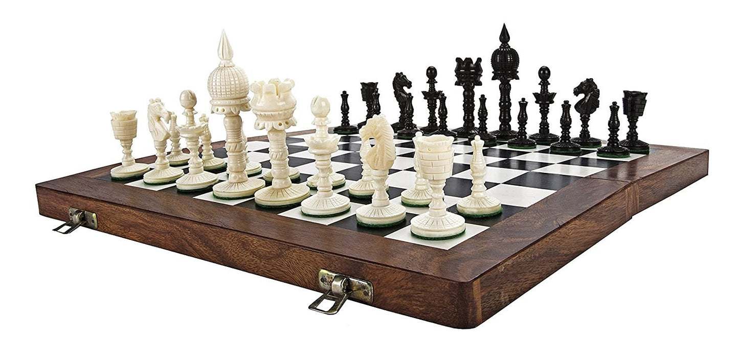 3.5" Camel bone chess set Dome hand carved chess pieces with Inlaid art work designer foldable Chess Board Set 14 Inches