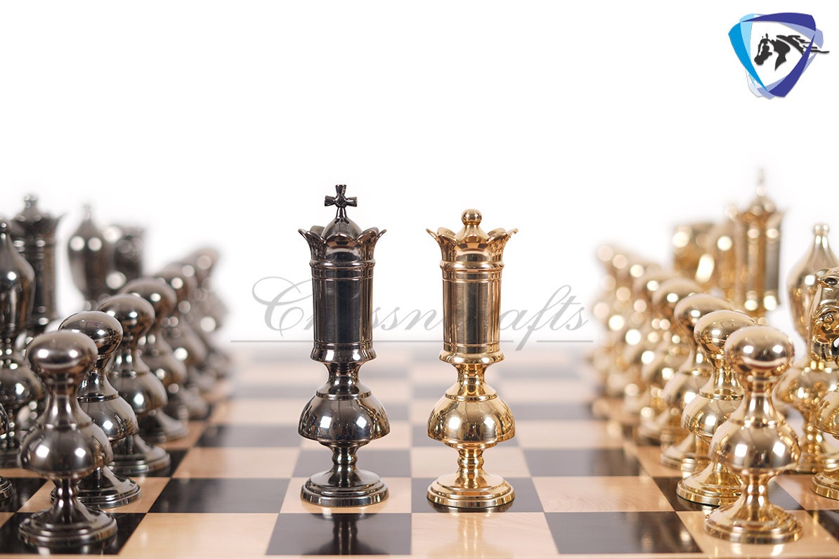 6" Brass Chess pieces set Big size Gold & black VICTORIAN series + 23" Ebonywood chess Board(sq: 60mm) + Leather Storage Box for chess men