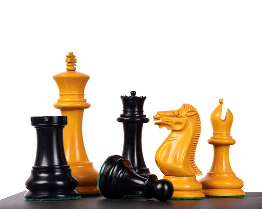 1849 Staunton Chess Pieces Set in Antiqued Boxwood & Ebony wood- 4.5" King + 21" Ebony look chess board(sq 55mm) + Leather Storage box